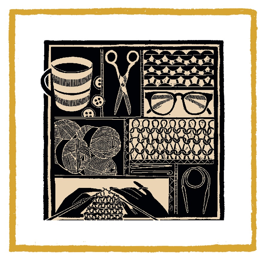 A square Christmas card with a black and white design of different drawings related to knitting: a pair of scissors, some close up stitching, some balls of yarn, a pair of hands knitting, a crochet hook.
