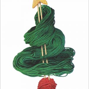 A rectangular Christmas card of a pair of knitting needles on a white background. Around the knitting needles is laid out green yarn in the shape of a Christmas tree, with a ball of red yarn at the bottom and a yellow knitted star at the top.