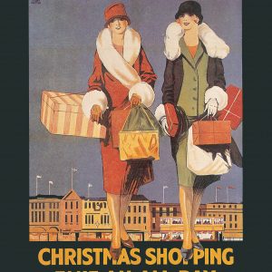 An old-fashioned advert for London's Tramways as a greetings card. The front shows two women dressed in warm coats, doing their Christmas shopping.