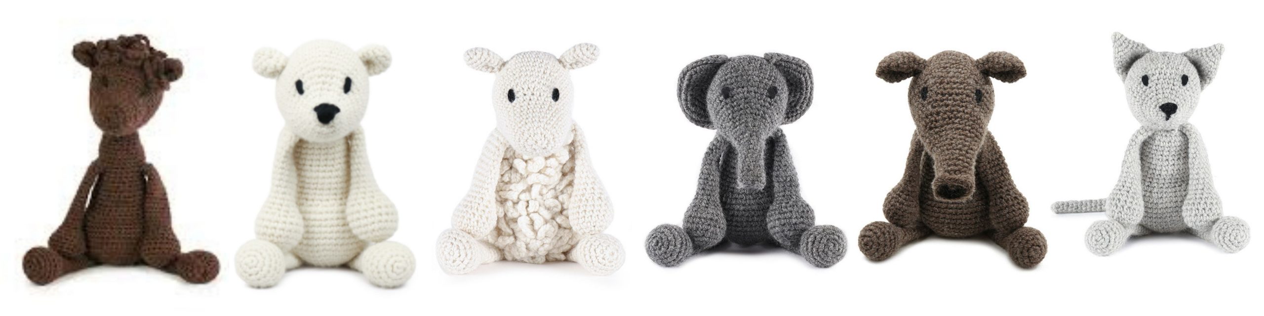 Six different crochet animal toys in a row, made from our crochet animal kits