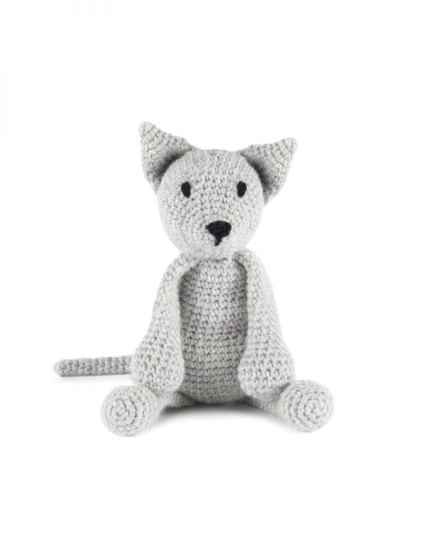 A crocheted toy cat, made from one of our animal crochet kits.