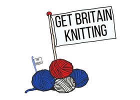 A cartoon drawing of four balls of yarn, one white, one red, two blue, with a knitting needle sticking out the top and a flag saying Get Britain Knitting